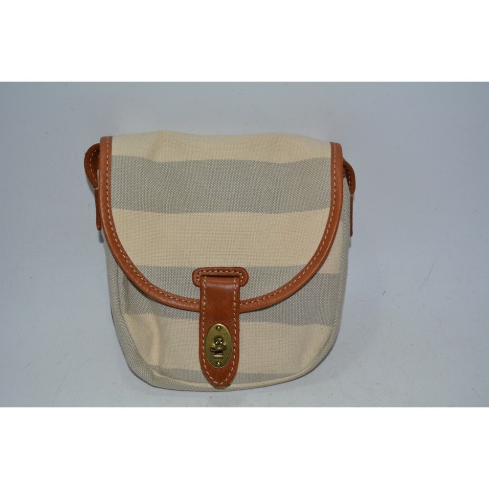 Vintage Fossil Mini Austin Saddle Bag Turnlock Canvas Leather Cream Blue – Used
